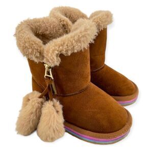 Sugar Lil Fluffy Tan Toddler Girl’s Zipper Pom Pom Faux Fur Slipper Boots Size 7